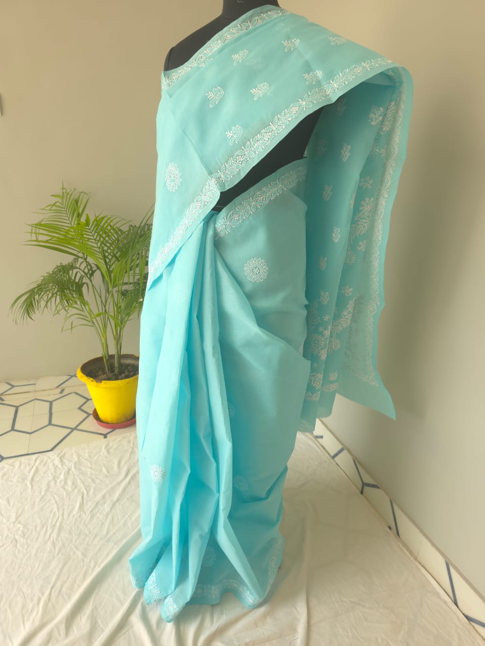 Sky Blue Cotton Saree with beautiful chikankari