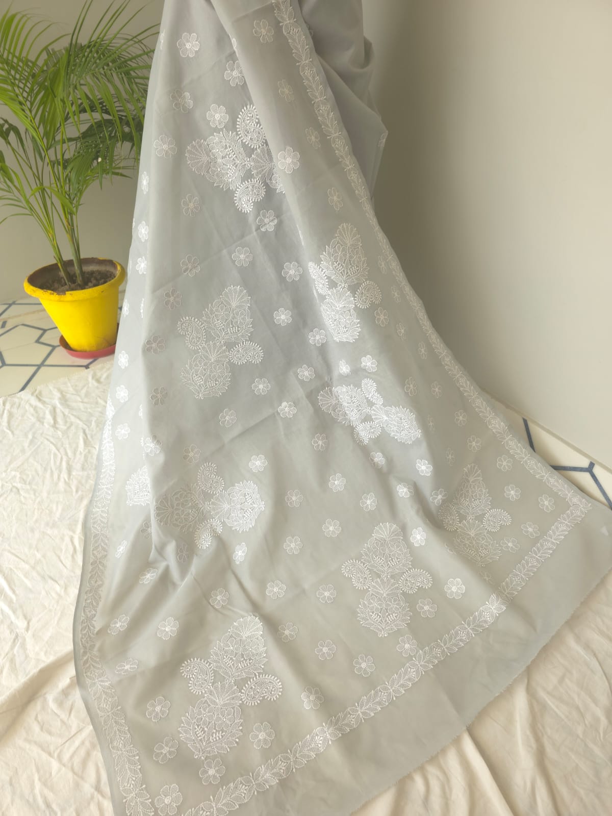 Light Grey Cotton Saree with Beautiful Chikankari