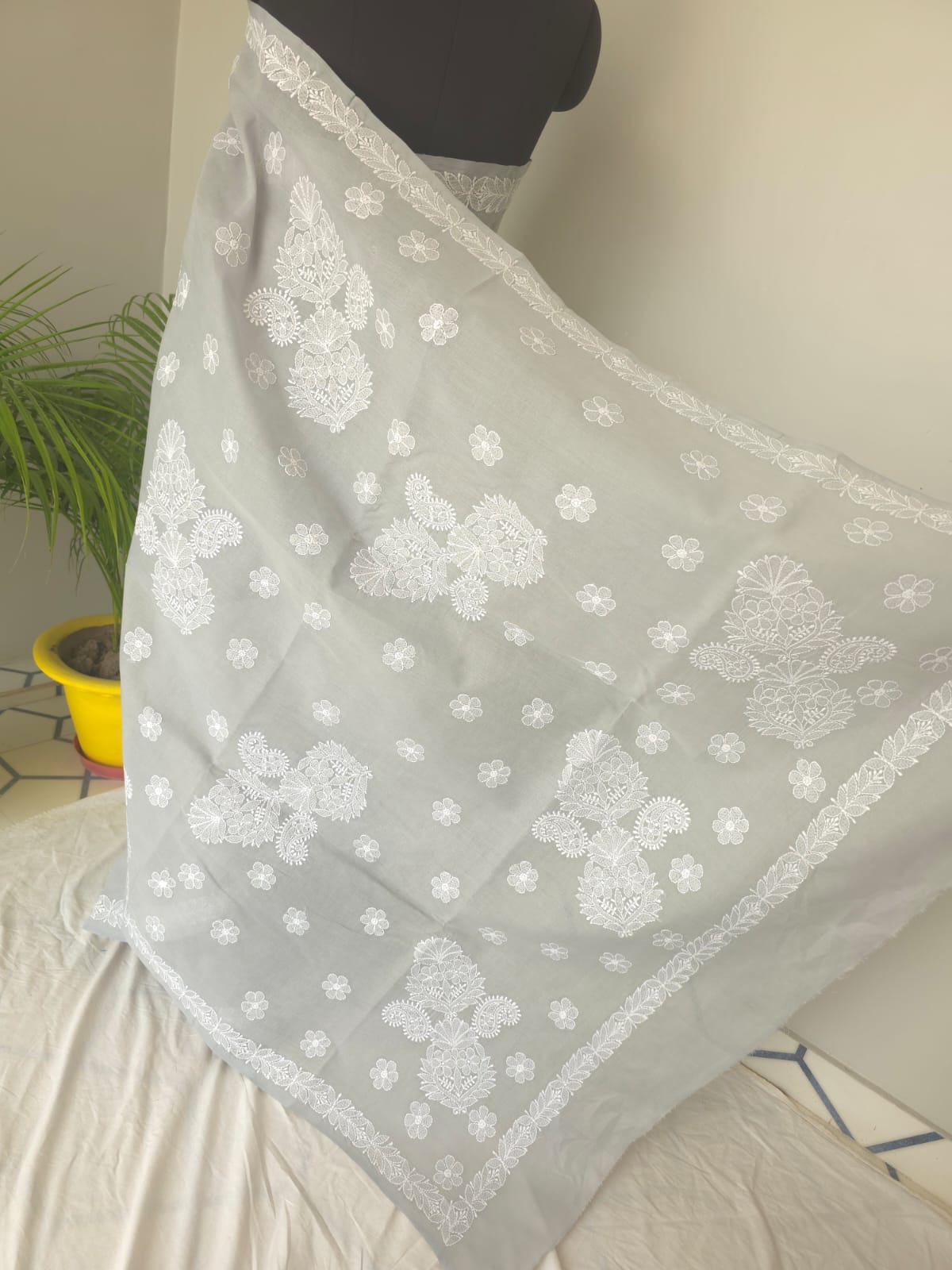 Light Grey Cotton Saree with Beautiful Chikankari