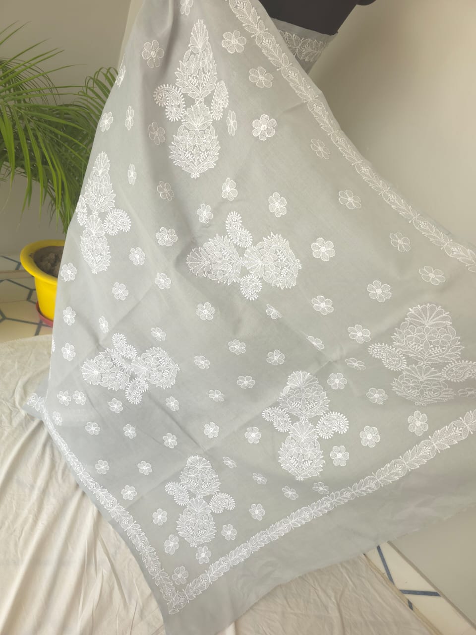 Light Grey Cotton Saree with Beautiful Chikankari