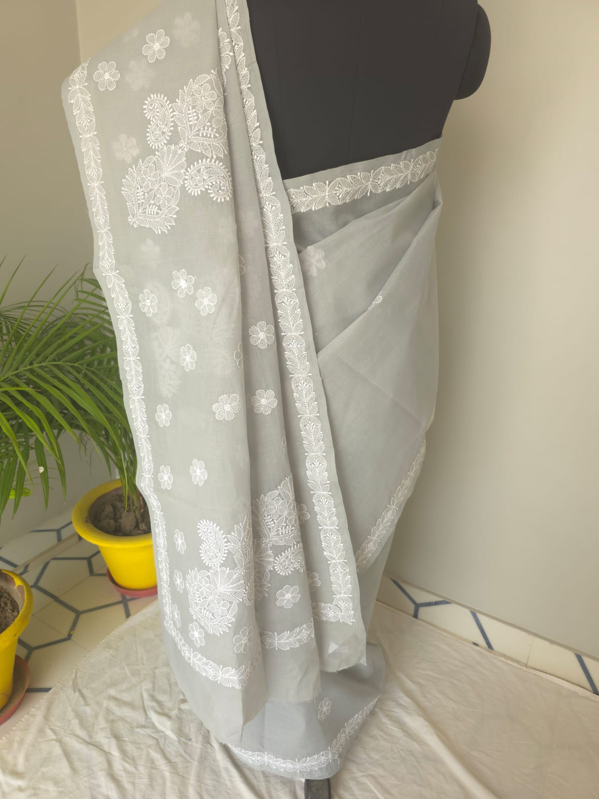 Light Grey Cotton Saree with Beautiful Chikankari