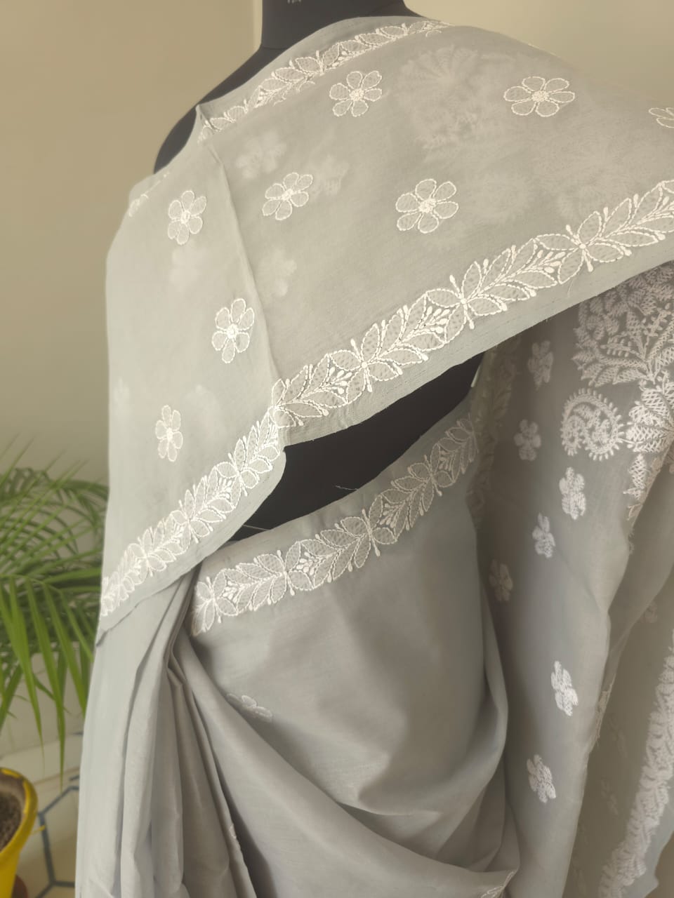 Light Grey Cotton Saree with Beautiful Chikankari