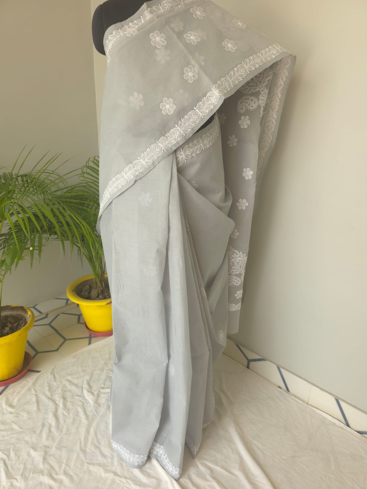 Light Grey Cotton Saree with Beautiful Chikankari