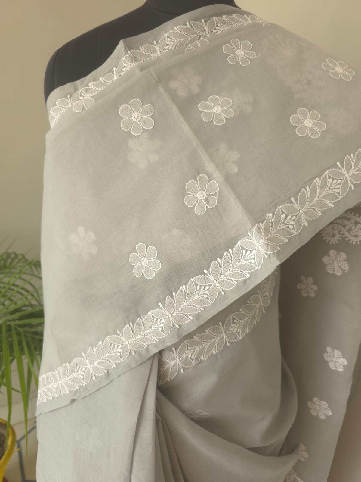Light Grey Cotton Saree with Beautiful Chikankari