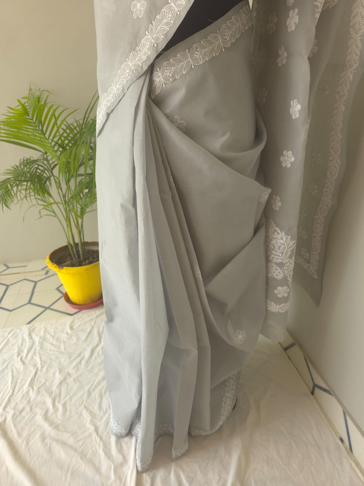 Light Grey Cotton Saree with Beautiful Chikankari