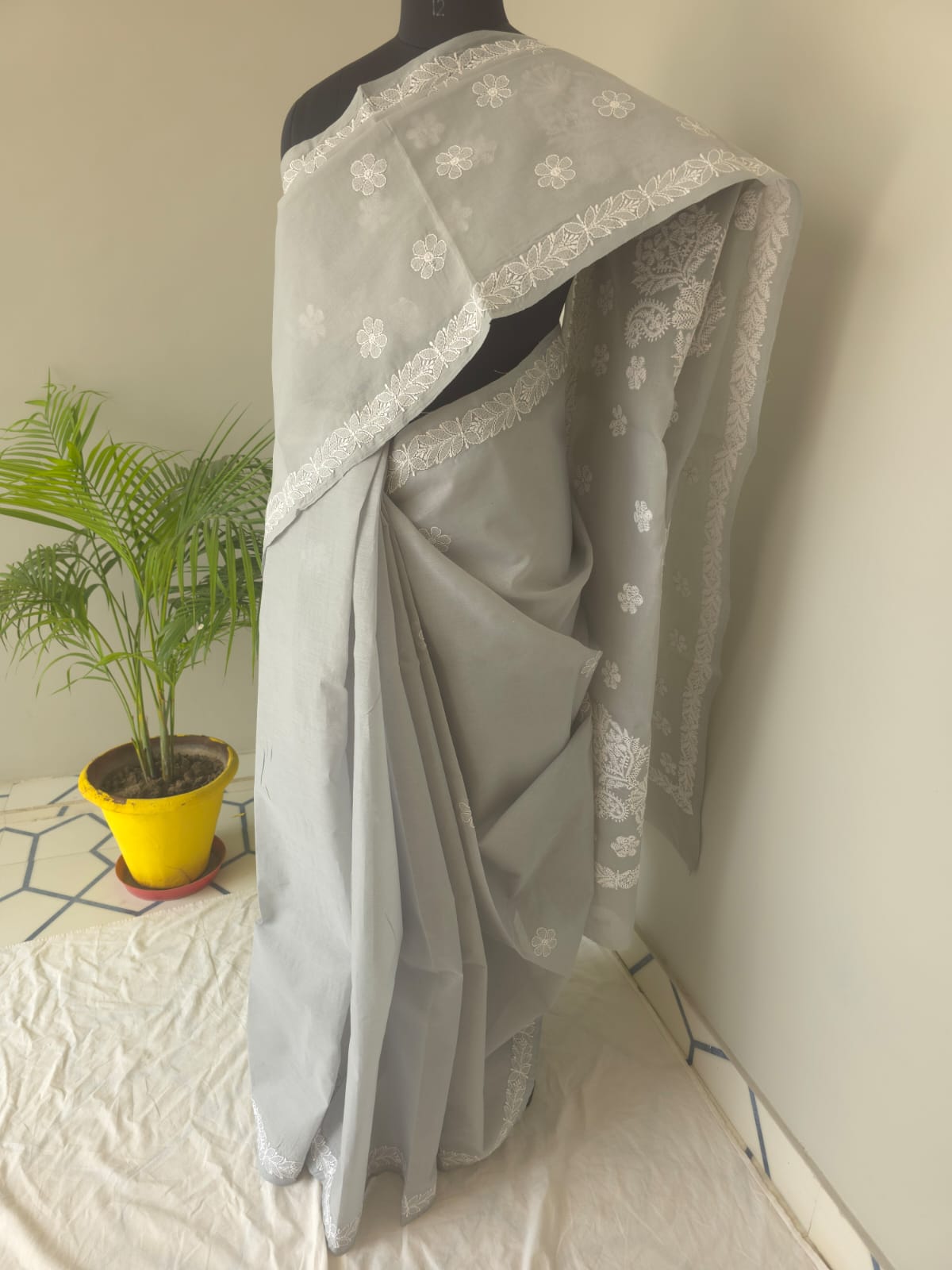 Light Grey Cotton Saree with Beautiful Chikankari