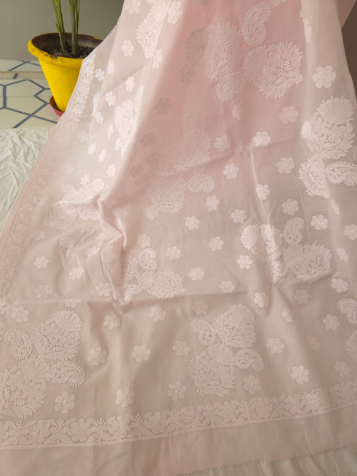 Baby pink Cotton saree with beautiful chikankari