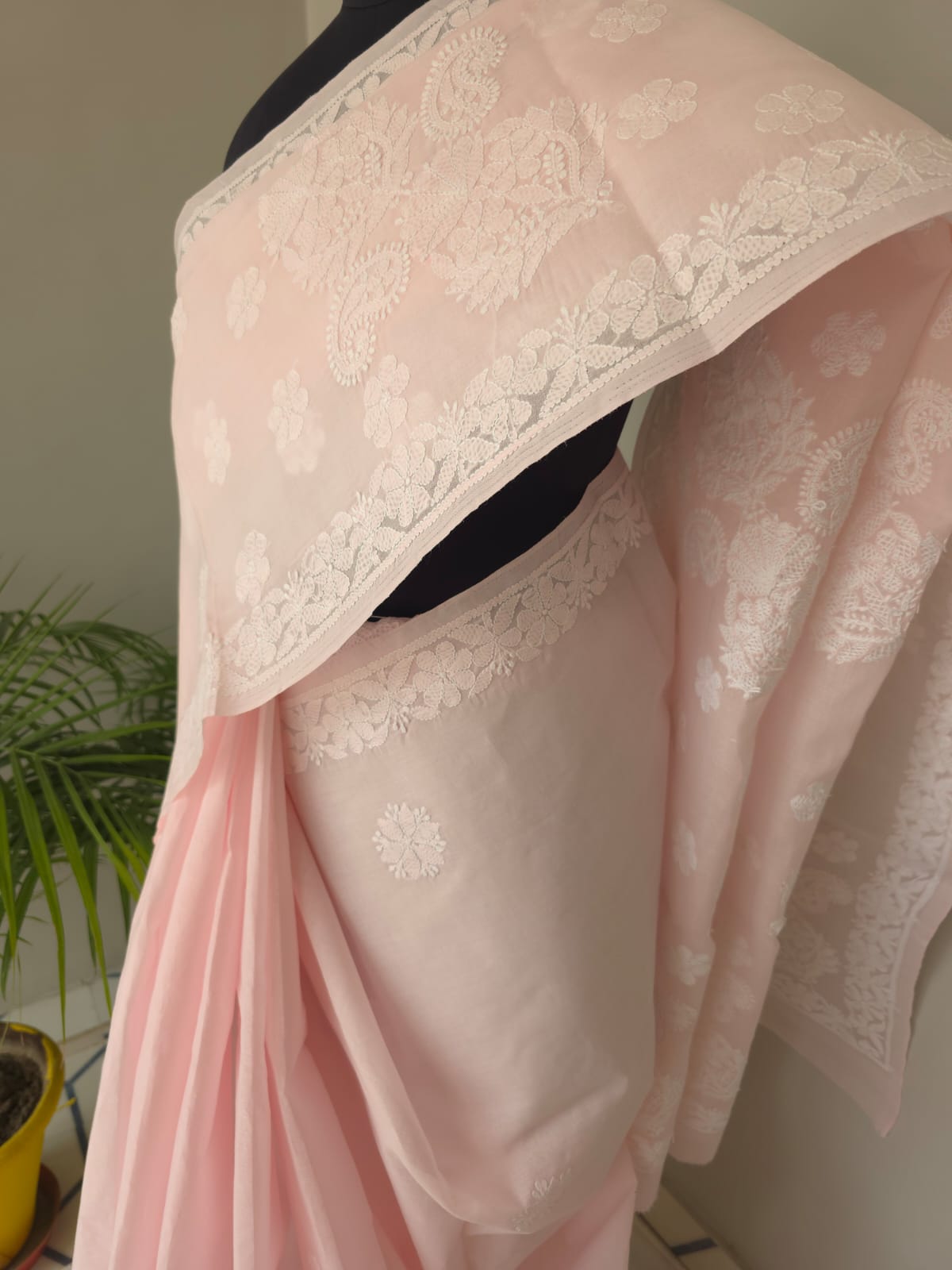 Baby pink Cotton saree with beautiful chikankari