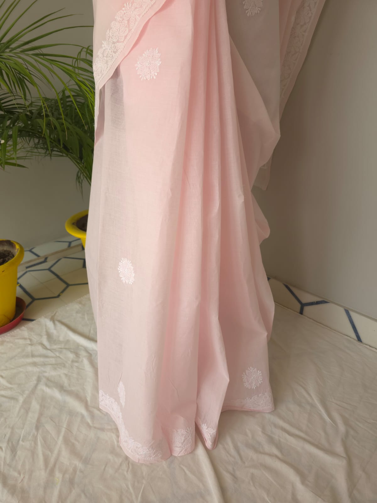 Baby pink Cotton saree with beautiful chikankari