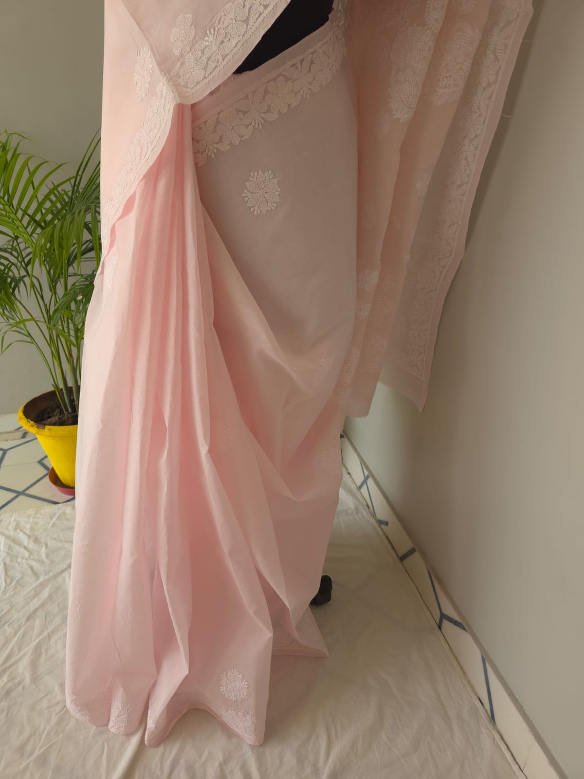 Baby pink Cotton saree with beautiful chikankari