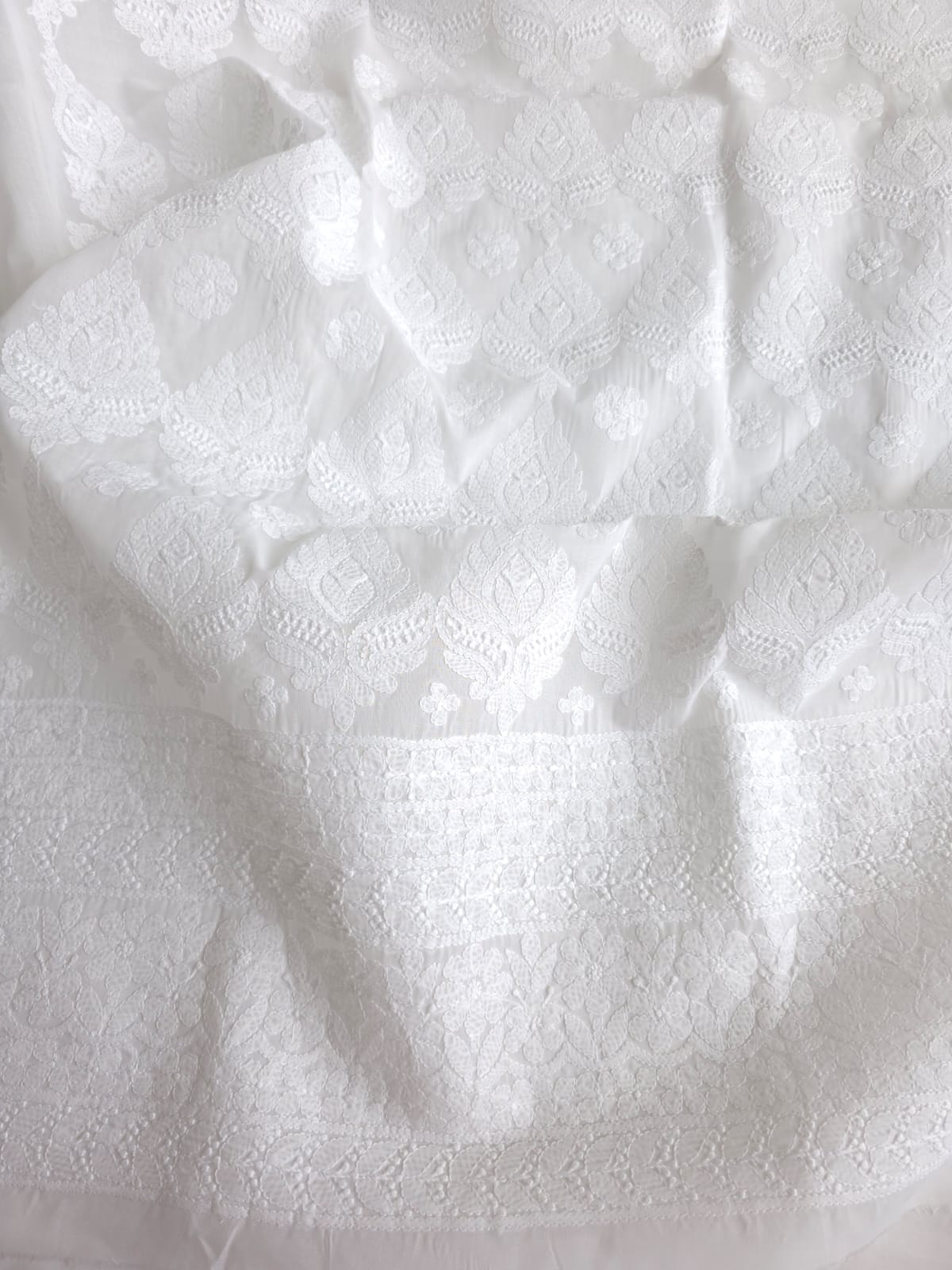 White Cotton  kurta fabric with extremely fine chikankari handwork