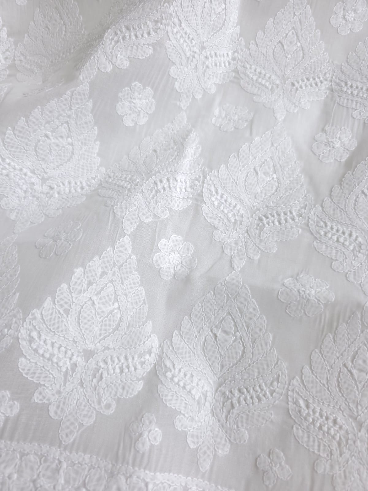 White Cotton  kurta fabric with extremely fine chikankari handwork