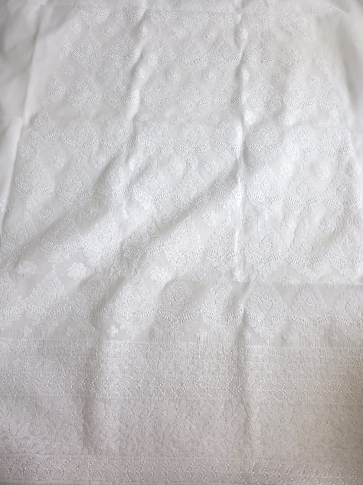 White Cotton  kurta fabric with extremely fine chikankari handwork