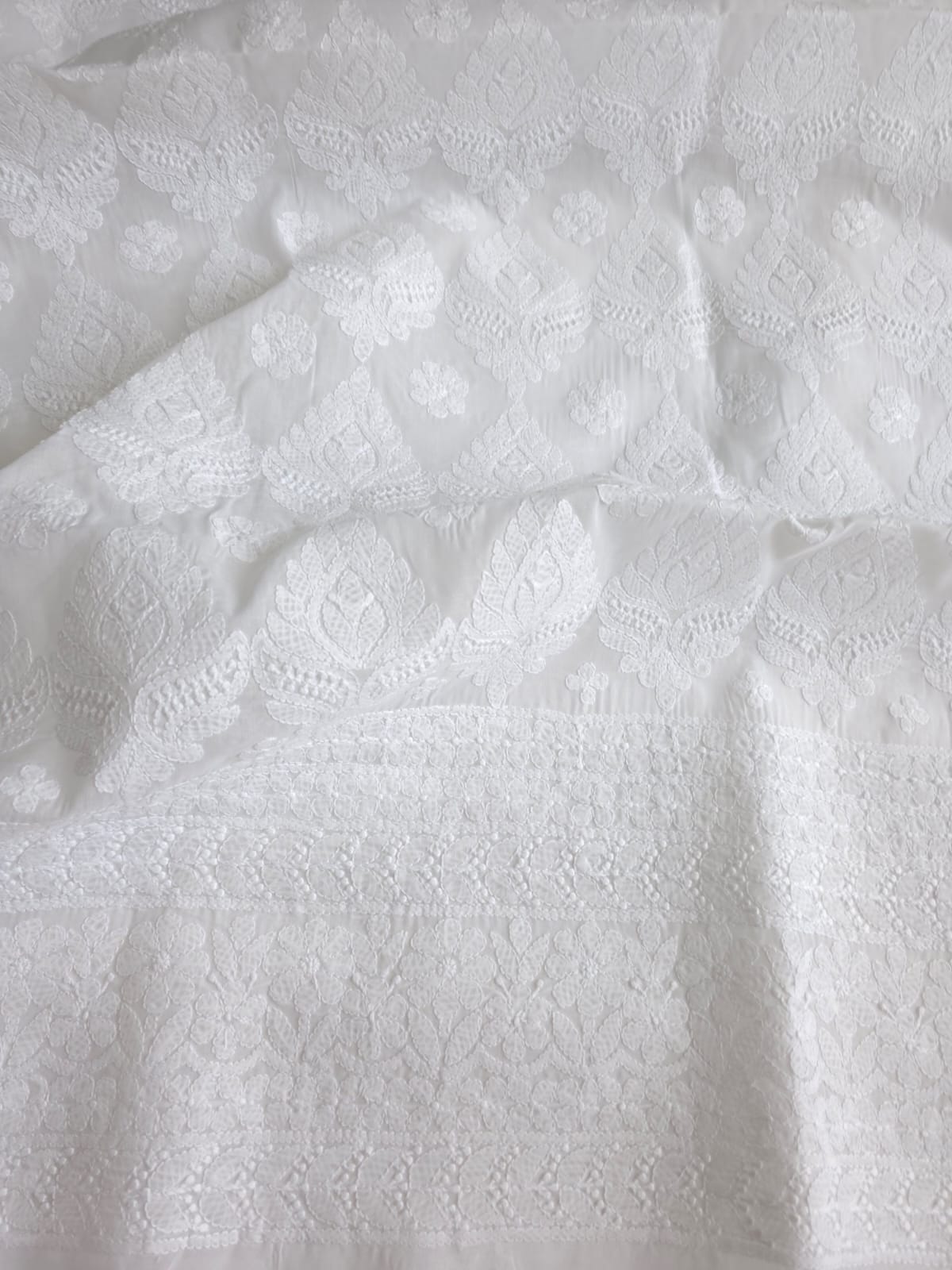 White Cotton  kurta fabric with extremely fine chikankari handwork