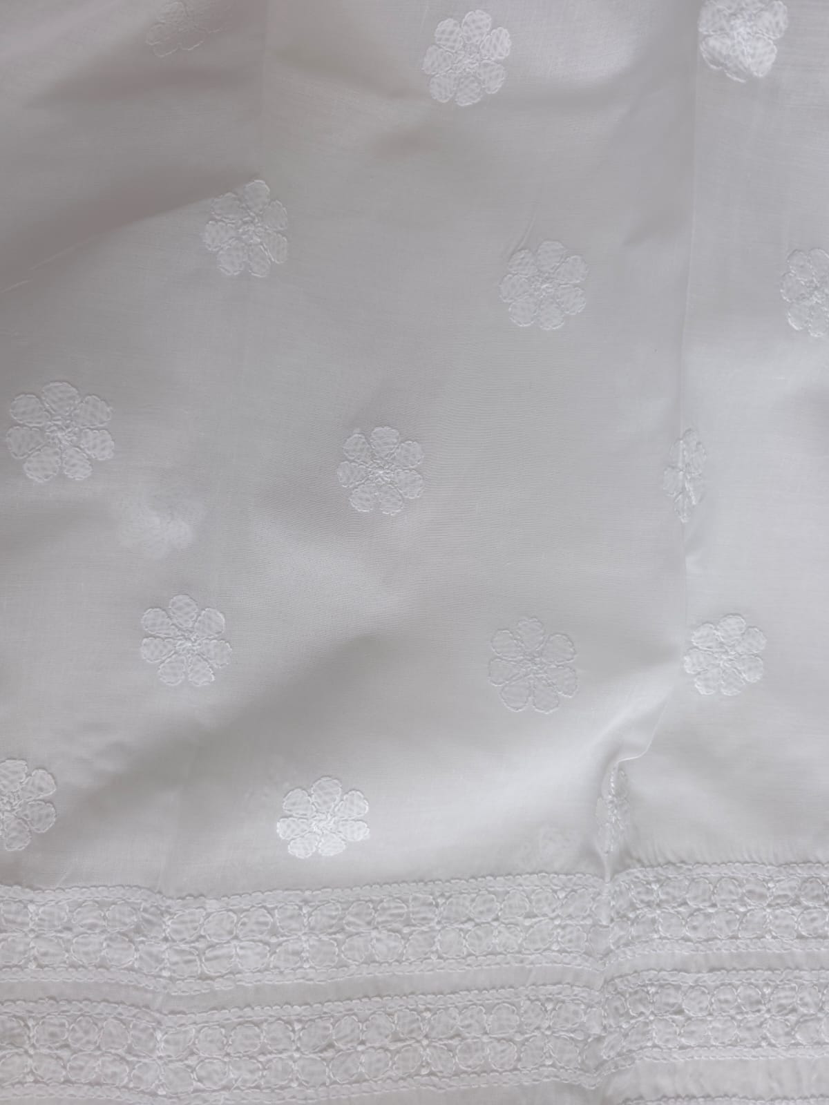 White Cotton  kurta fabric with extremely fine chikankari handwork