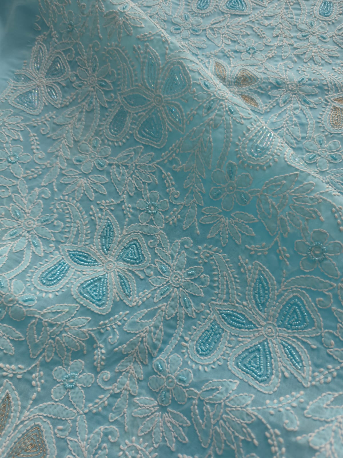 Blue Cotton Full set with intricate chikankari with heavy cutdana and sequins