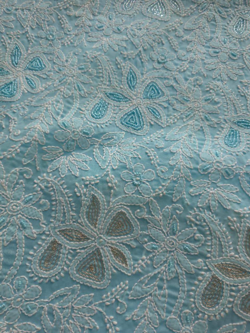 Blue Cotton Full set with intricate chikankari with heavy cutdana and sequins