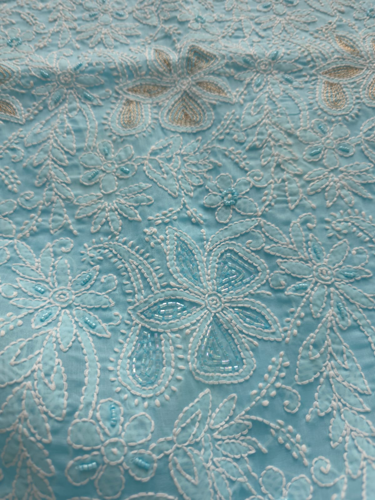 Blue Cotton Full set with intricate chikankari with heavy cutdana and sequins