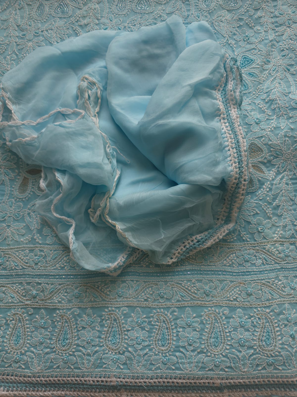 Blue Cotton Full set with intricate chikankari with heavy cutdana and sequins