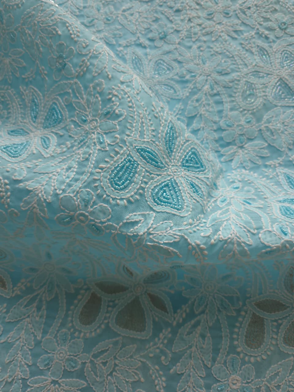 Blue Cotton Full set with intricate chikankari with heavy cutdana and sequins