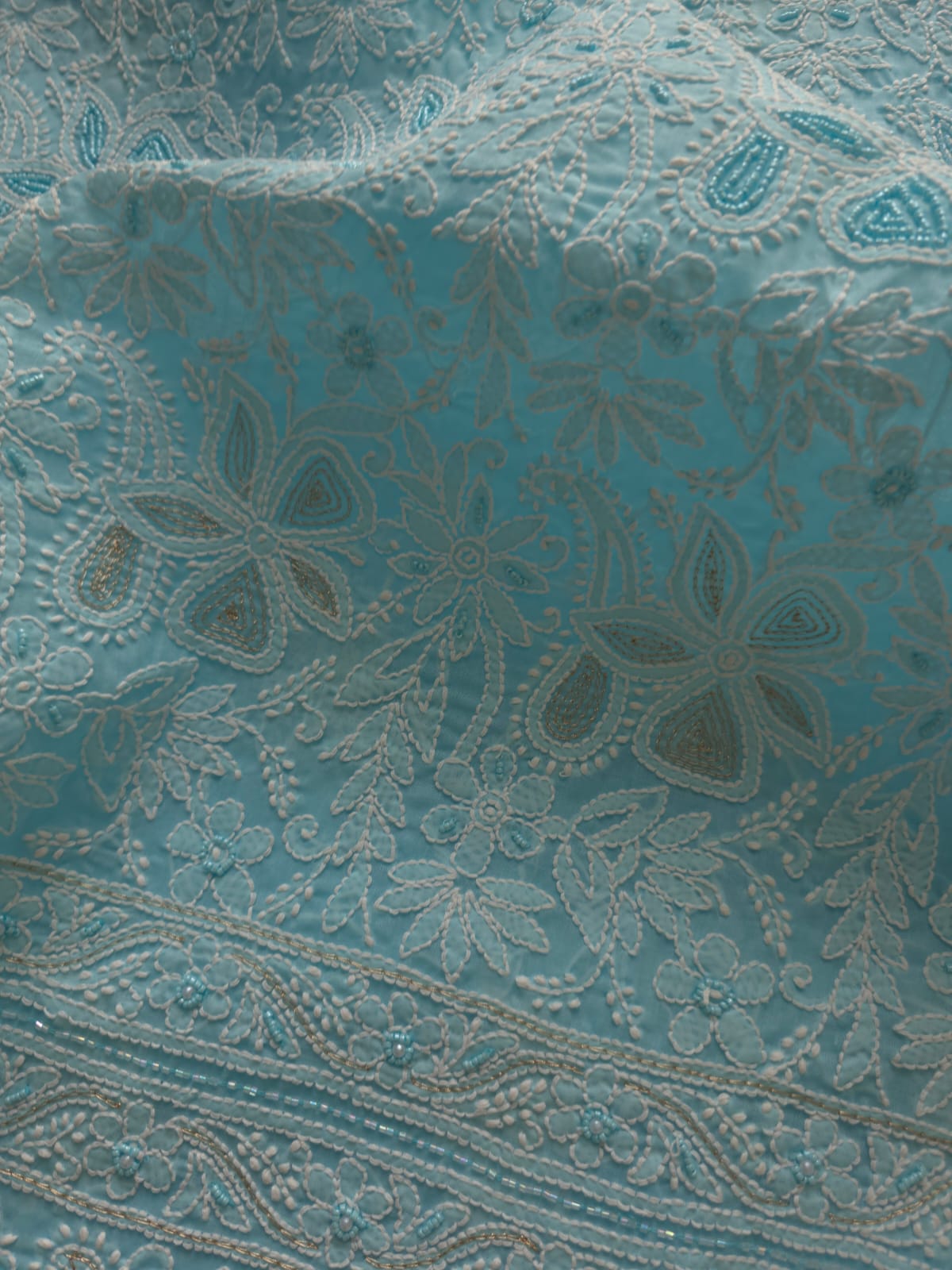 Blue Cotton Full set with intricate chikankari with heavy cutdana and sequins