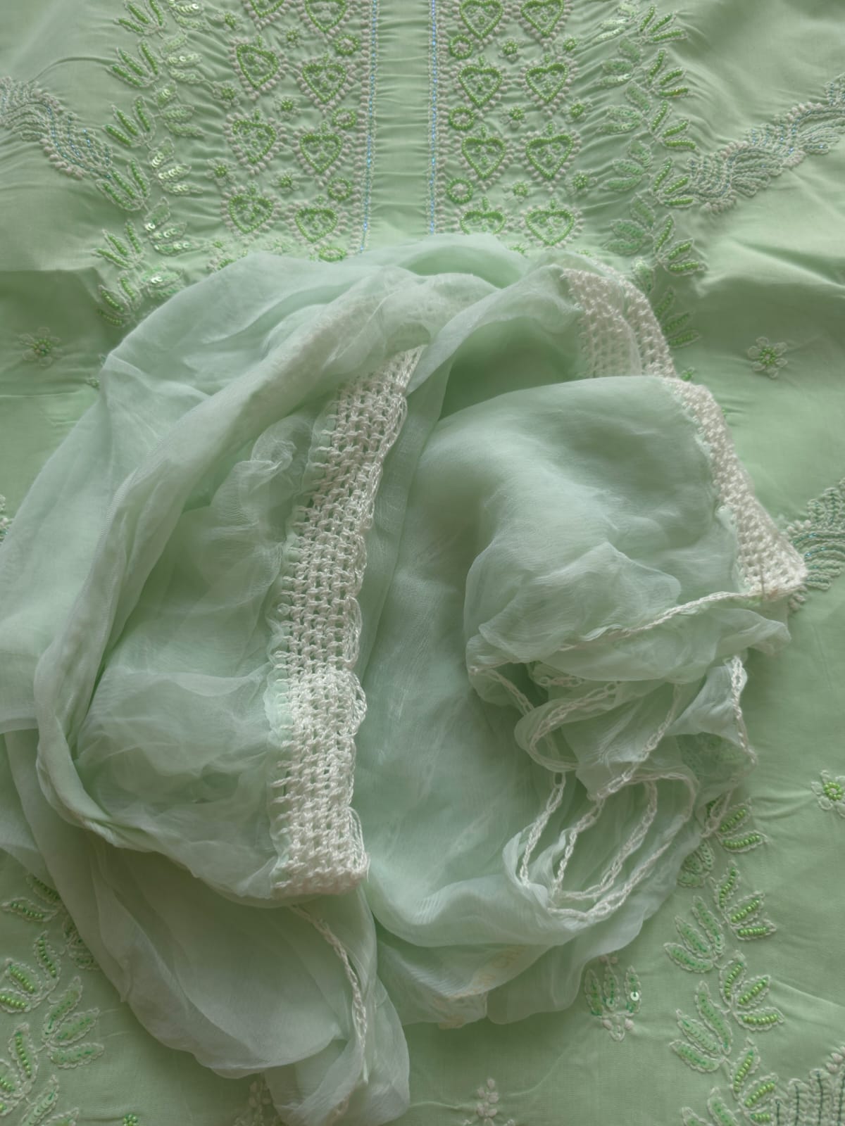 Sage Green Cotton Full suit with Embellishments