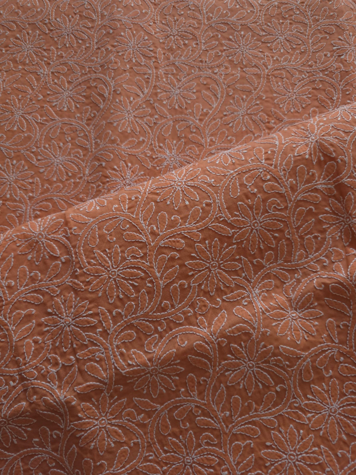 Rust color Cotton fine chikankari jaalwork kurta fabric