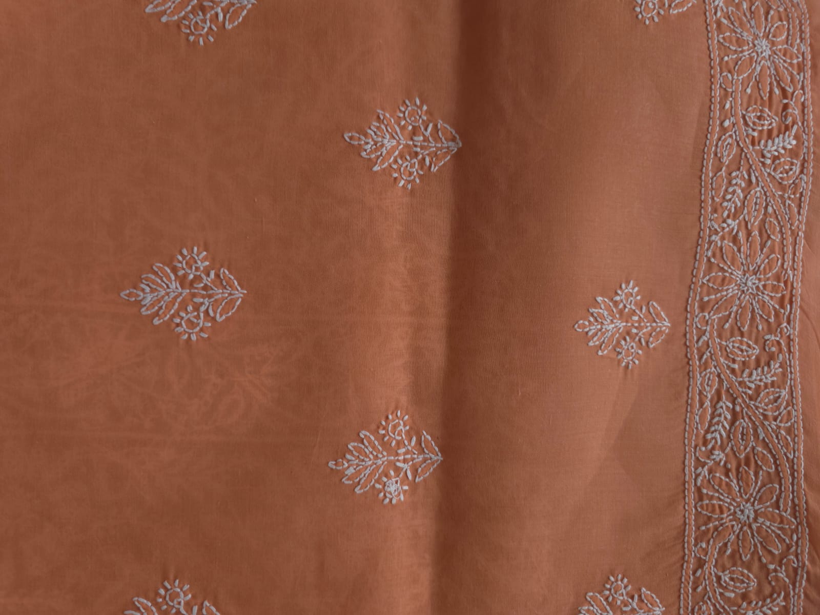 Rust color Cotton fine chikankari jaalwork kurta fabric