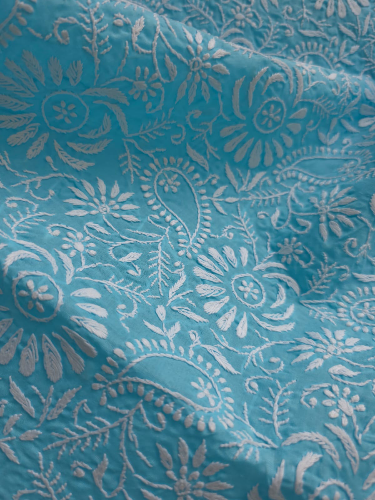 Blue cottton kurta fabric with fine Jaalwork