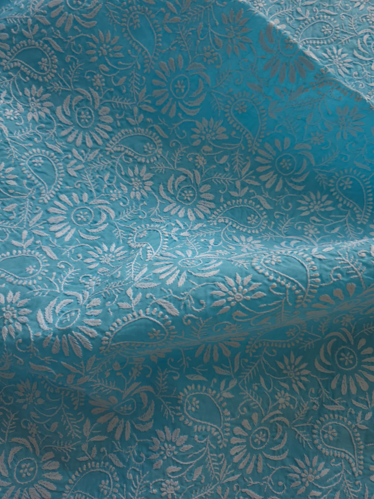 Blue cottton kurta fabric with fine Jaalwork