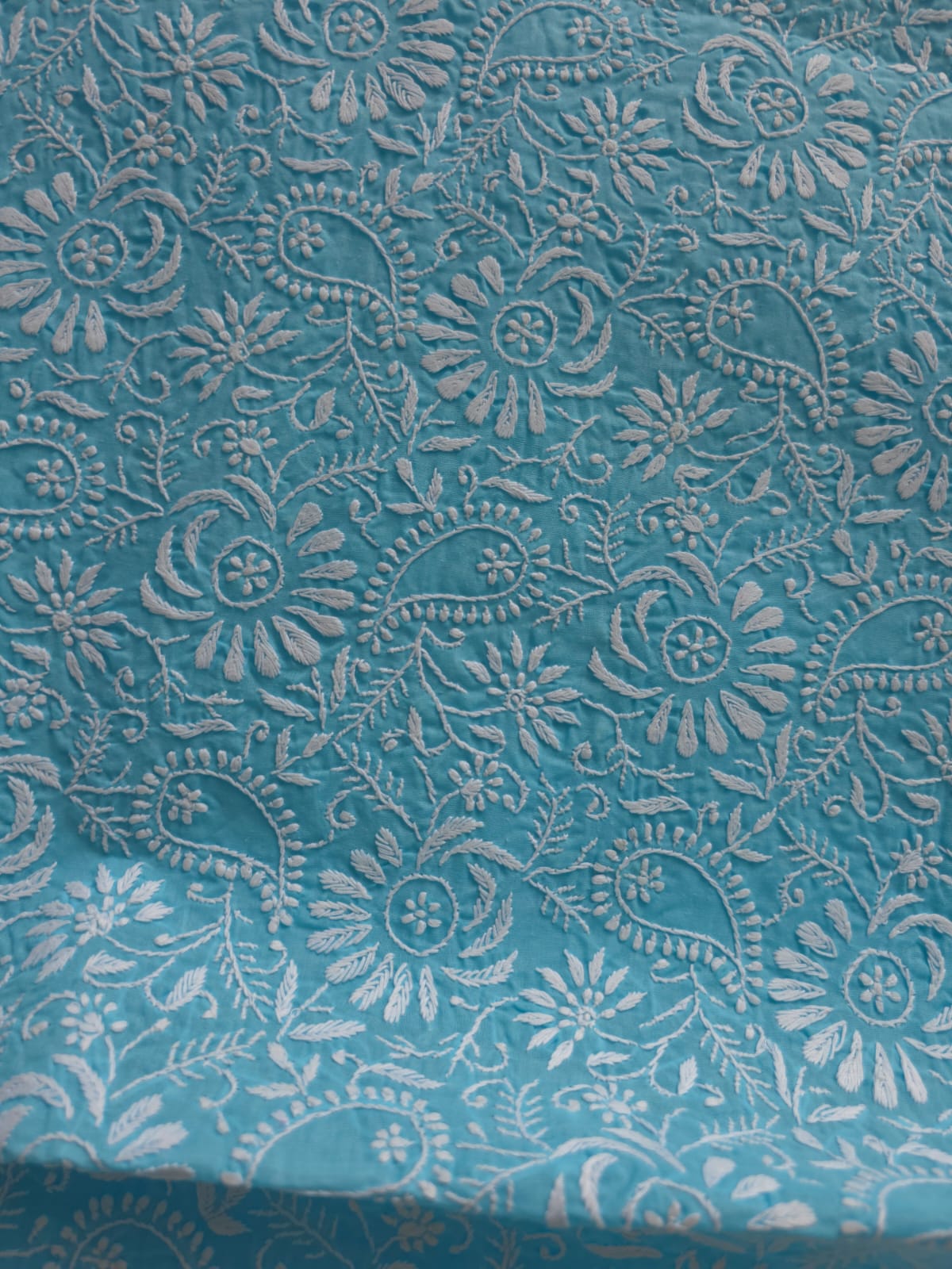 Blue cottton kurta fabric with fine Jaalwork