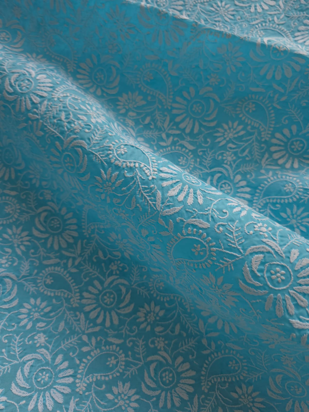 Blue cottton kurta fabric with fine Jaalwork