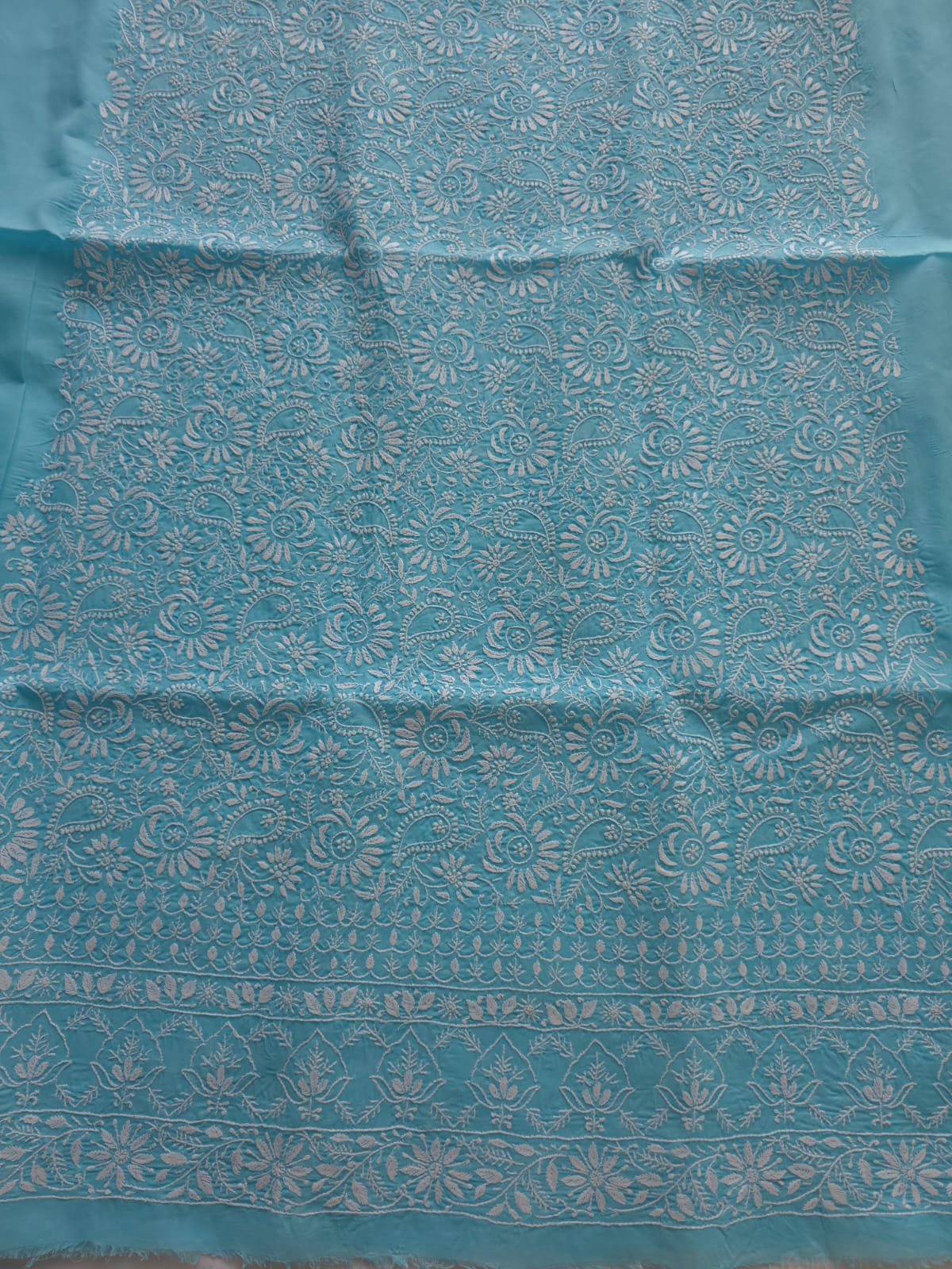 Blue cottton kurta fabric with fine Jaalwork