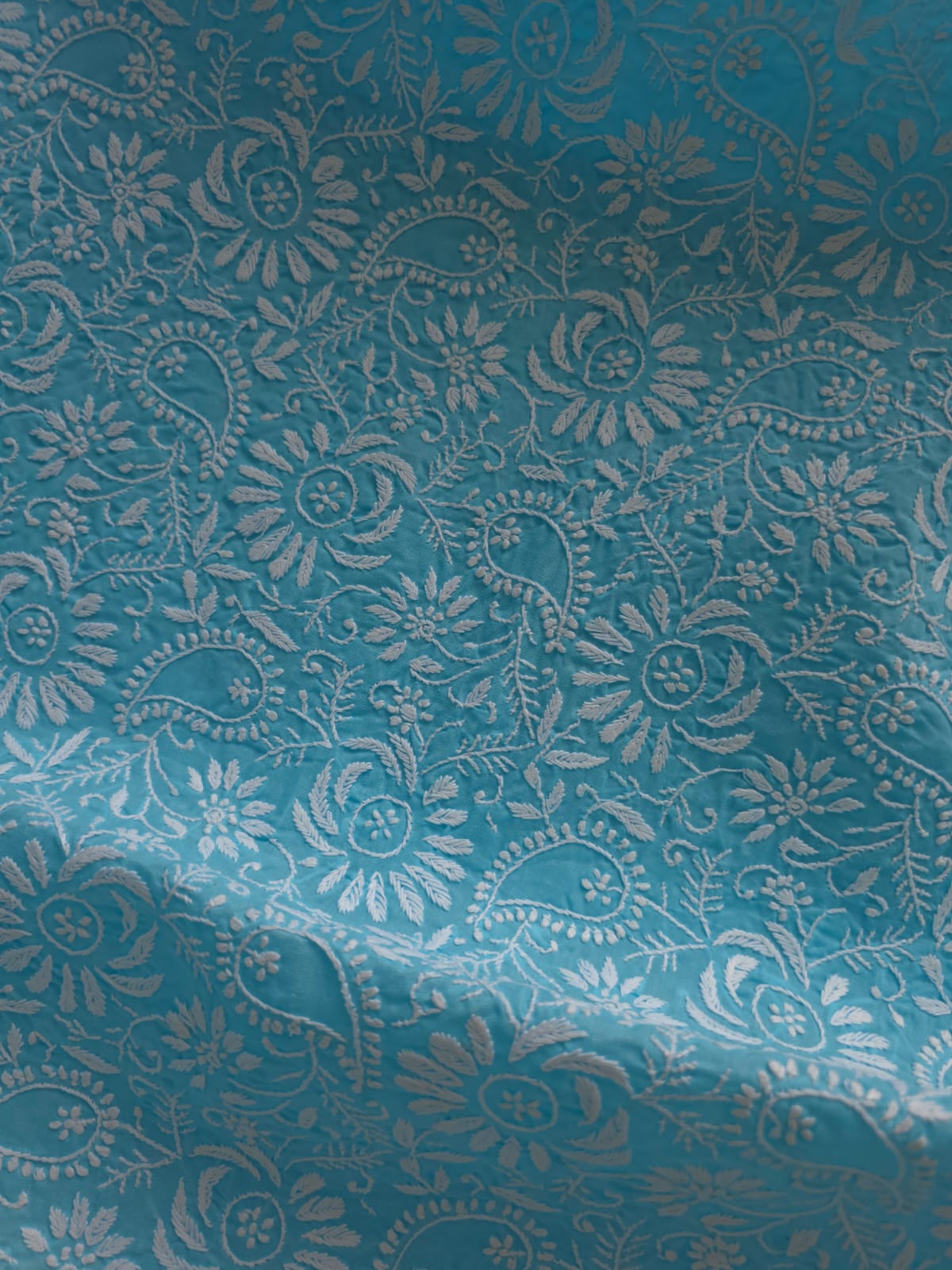 Blue cottton kurta fabric with fine Jaalwork
