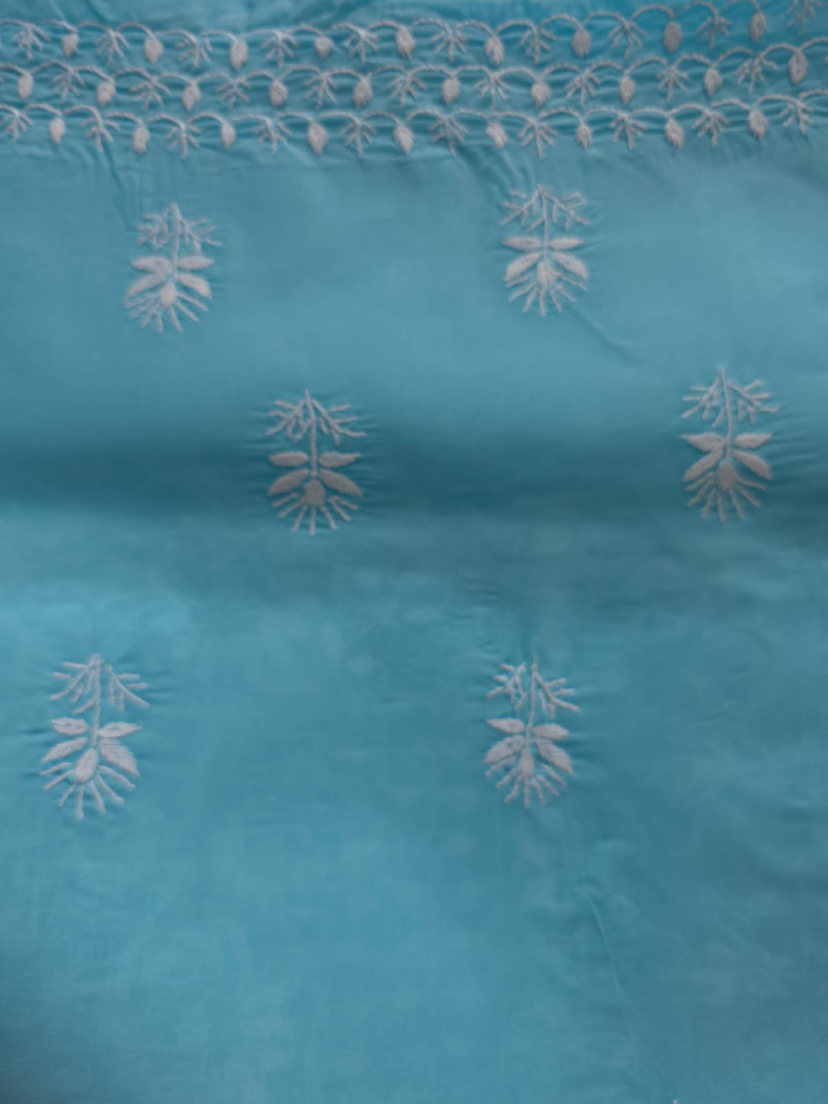 Blue cottton kurta fabric with fine Jaalwork