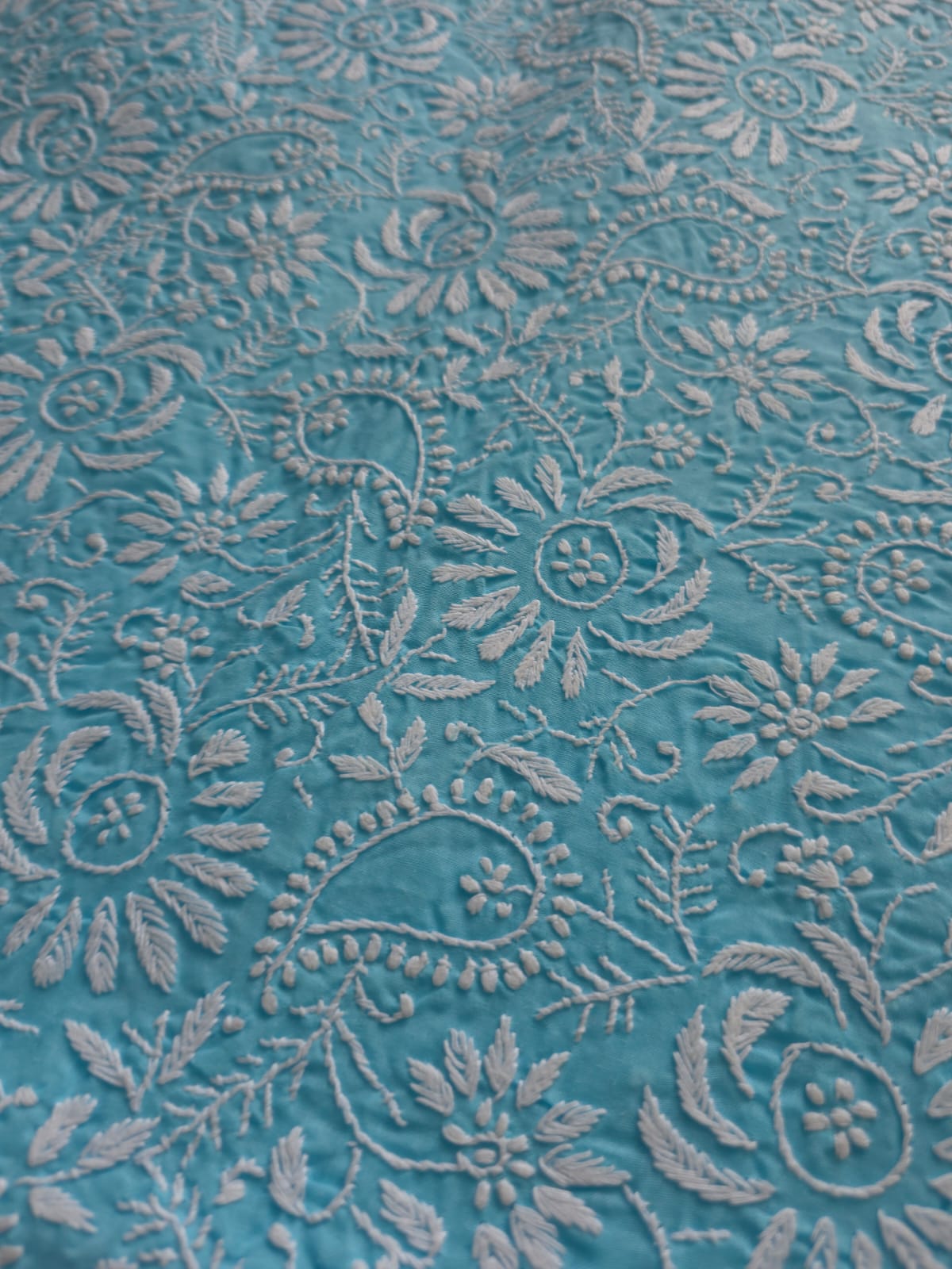 Blue cottton kurta fabric with fine Jaalwork