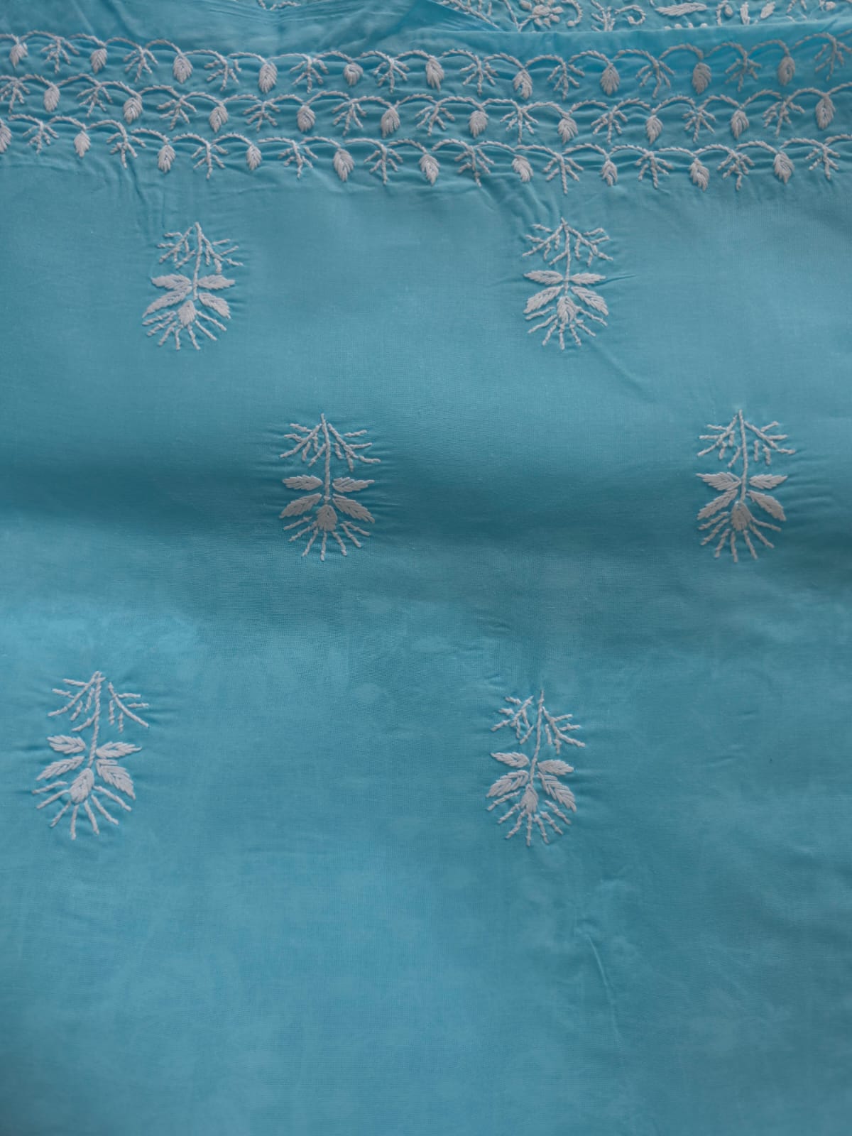 Blue cottton kurta fabric with fine Jaalwork