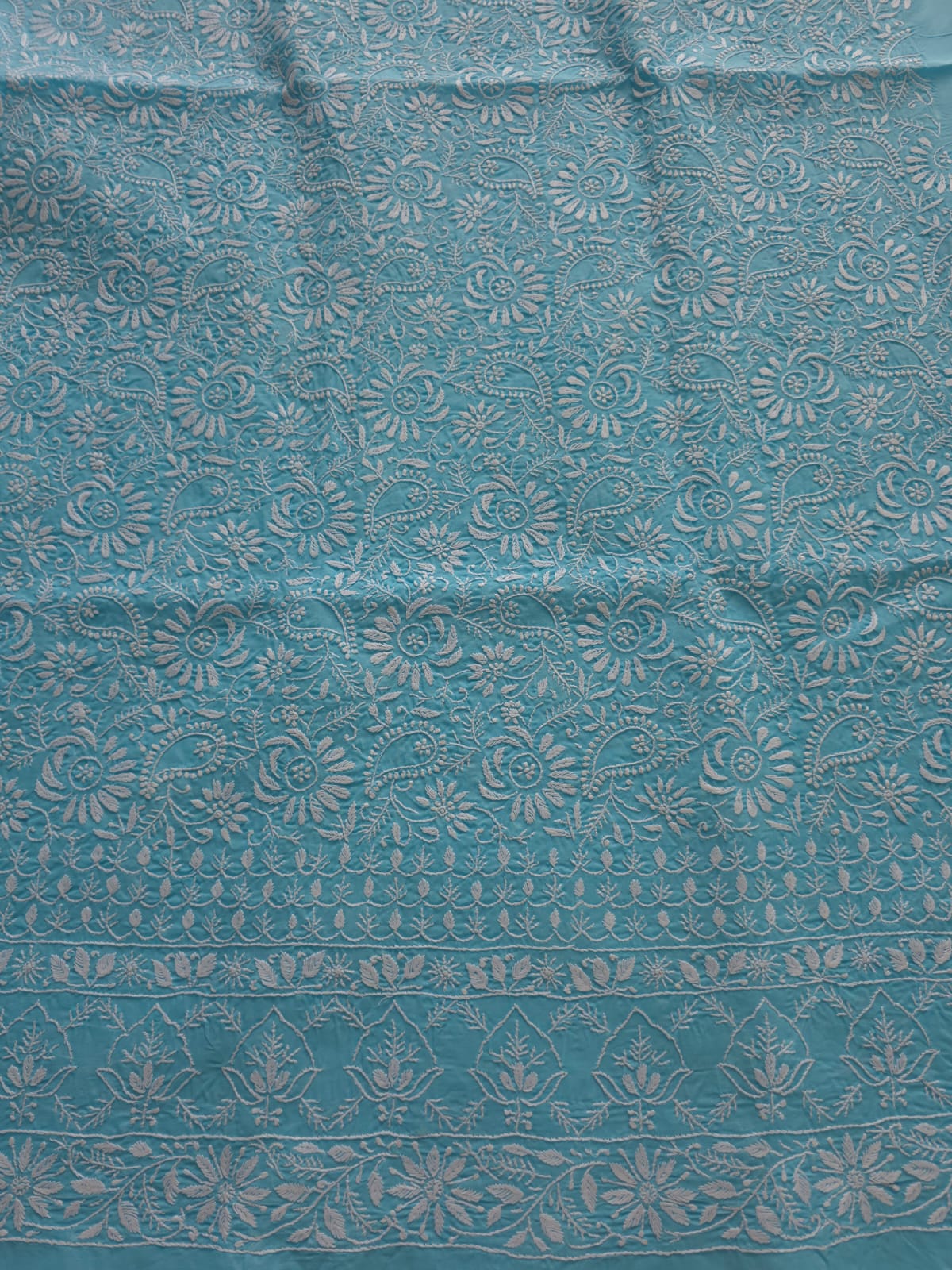 Blue cottton kurta fabric with fine Jaalwork