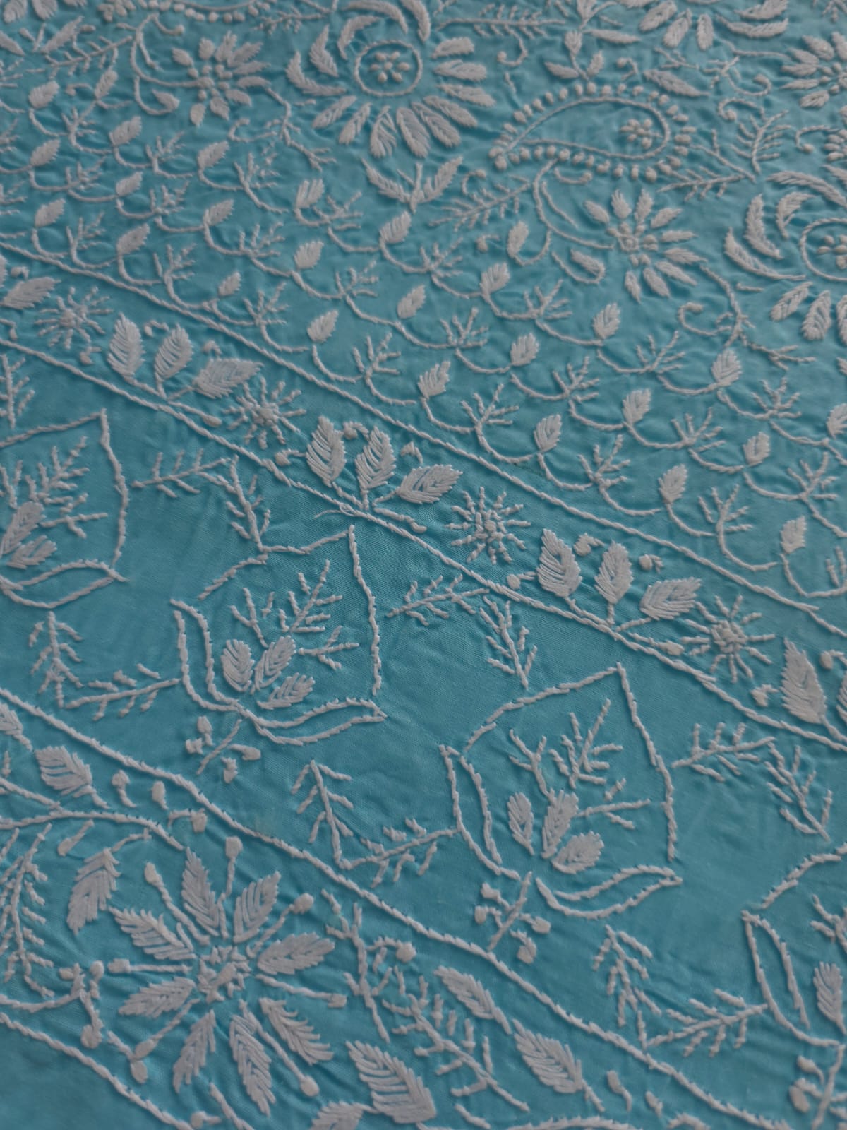 Blue cottton kurta fabric with fine Jaalwork