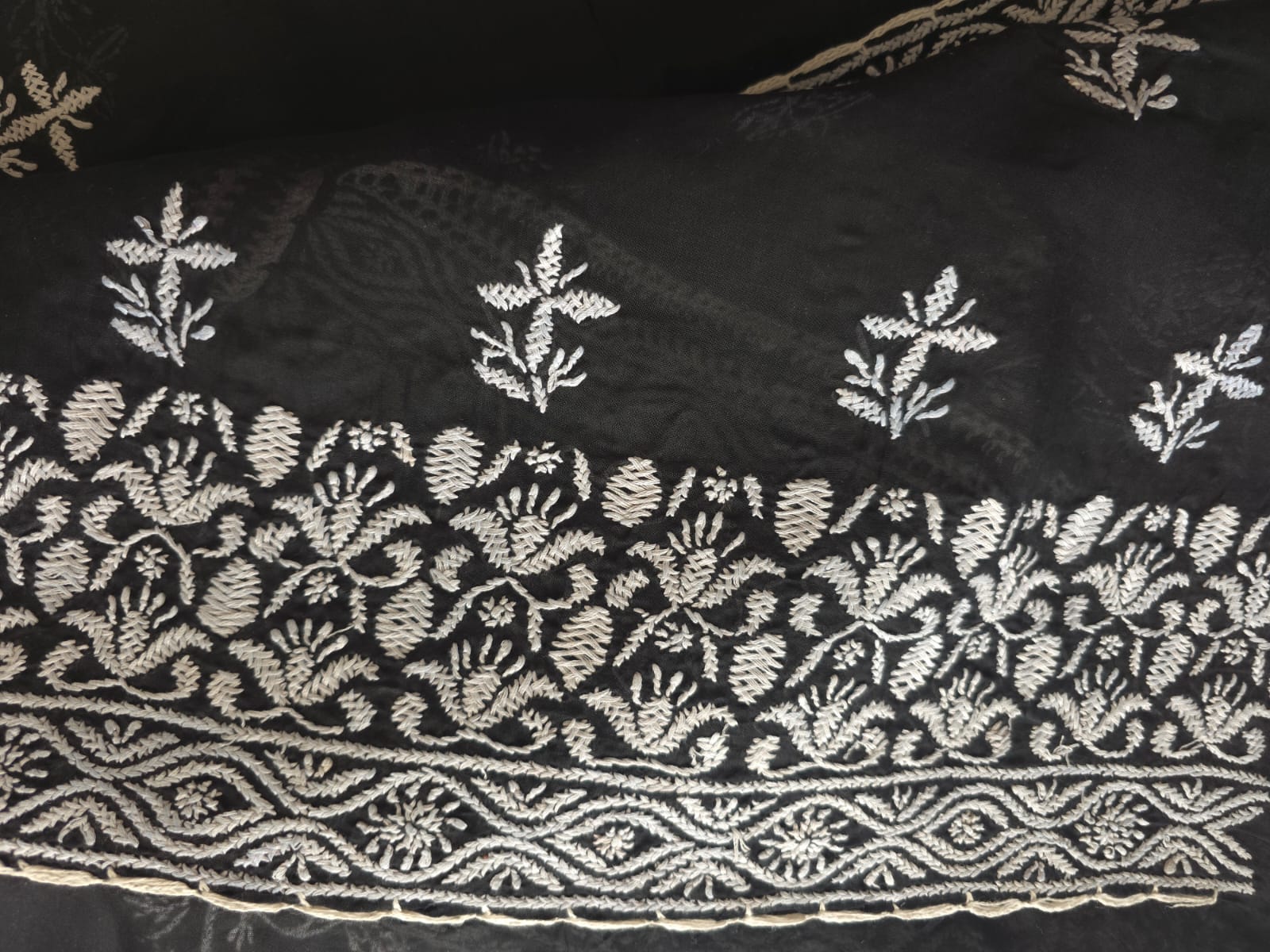 Black Cotton Full suit with fine White chikankari
