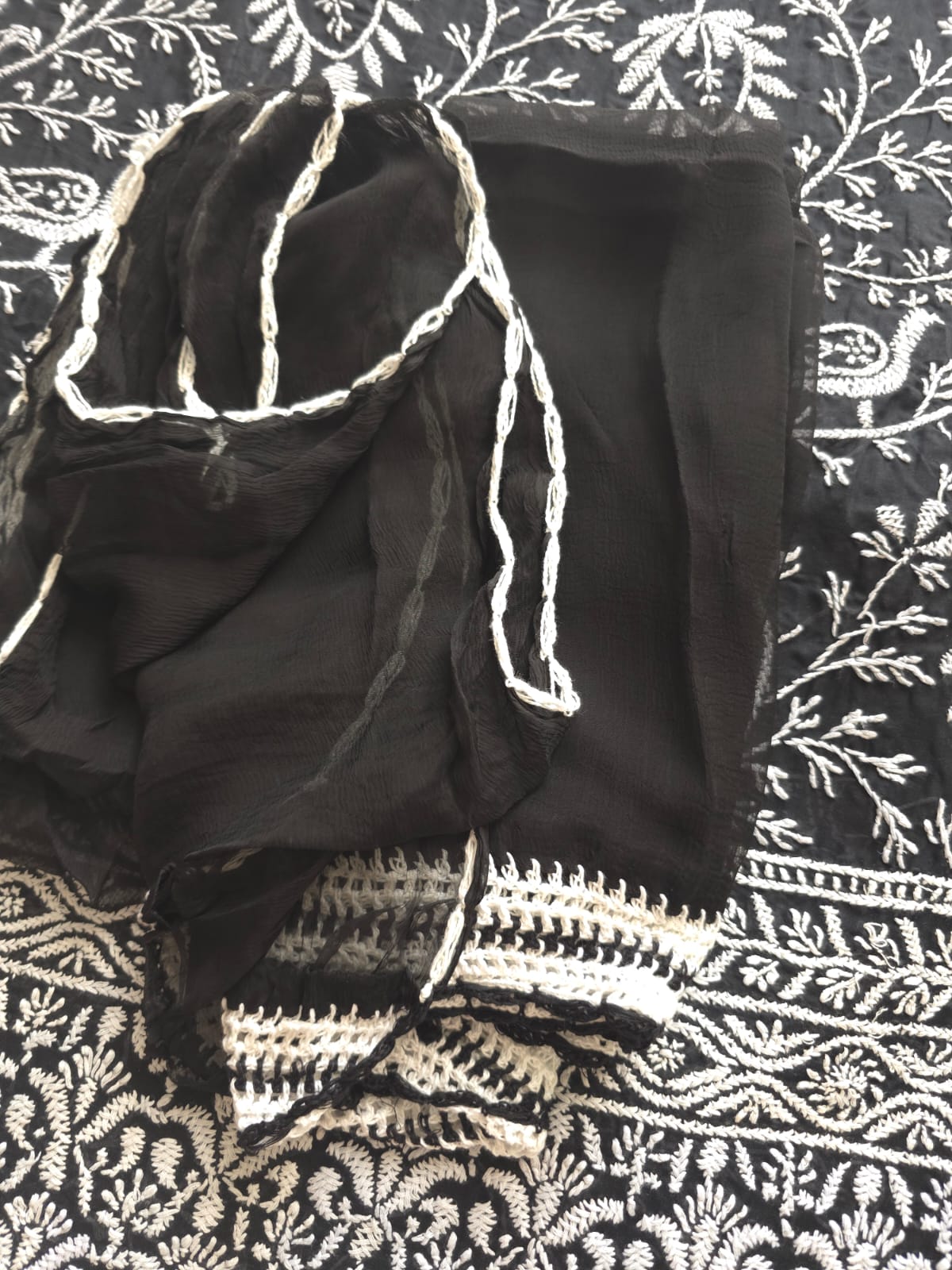 Black Cotton Full suit with fine White chikankari