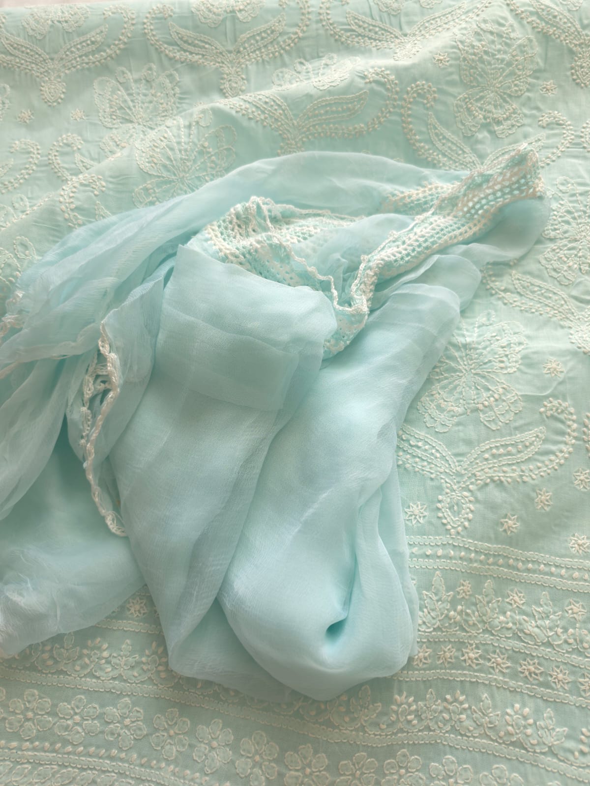 Pastel Sea Blue Cotton full set with butterfly motifs