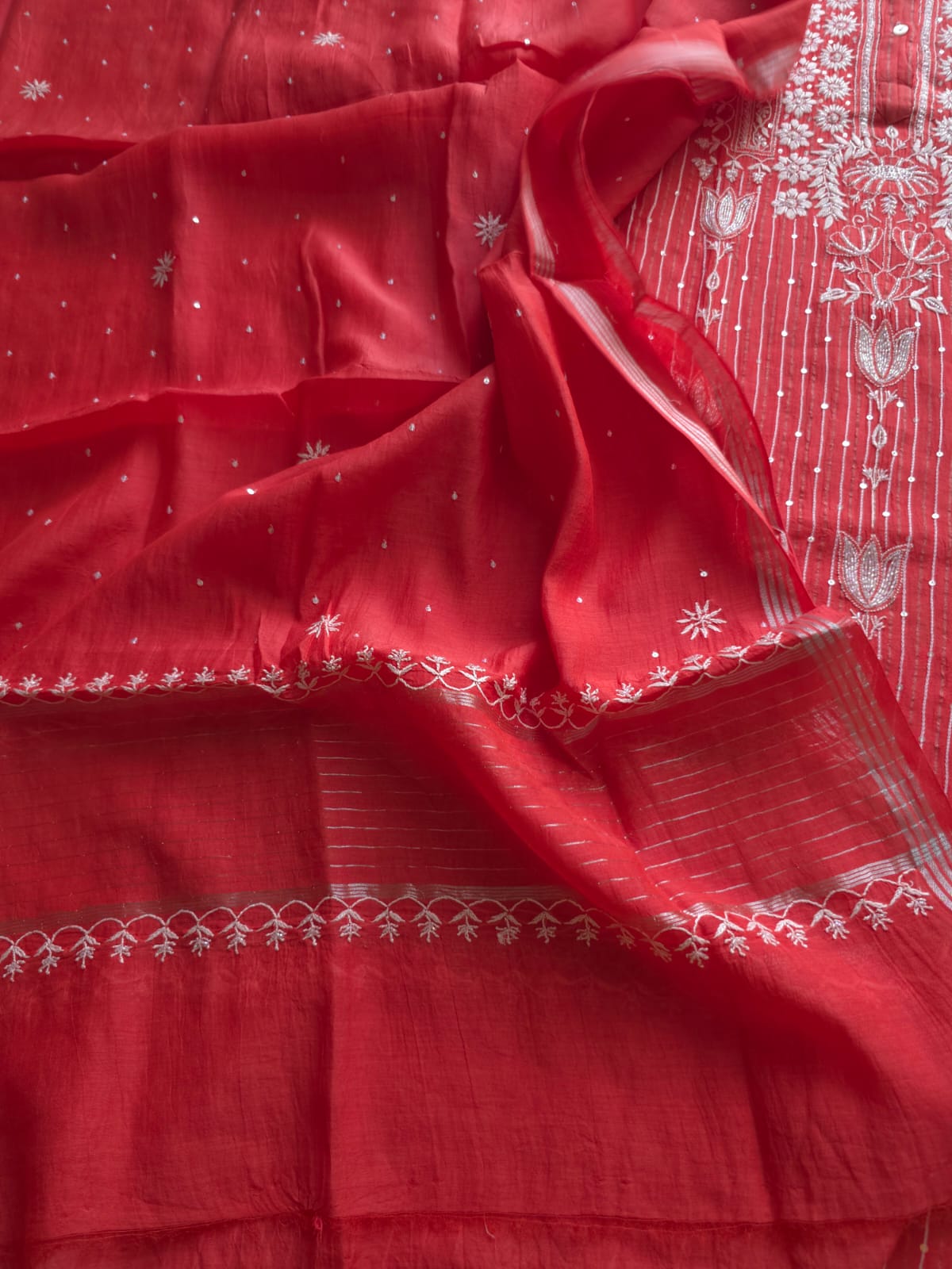 Mul Chanderi Semi Stitched Zari Stripes set with Chikan work embellishments