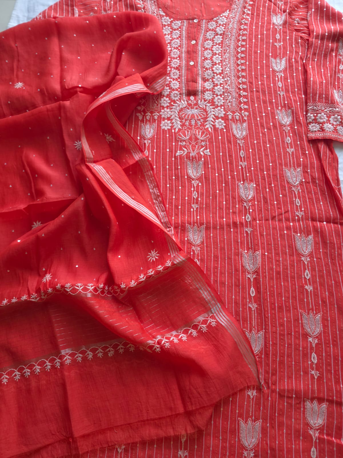 Mul Chanderi Semi Stitched Zari Stripes set with Chikan work embellishments