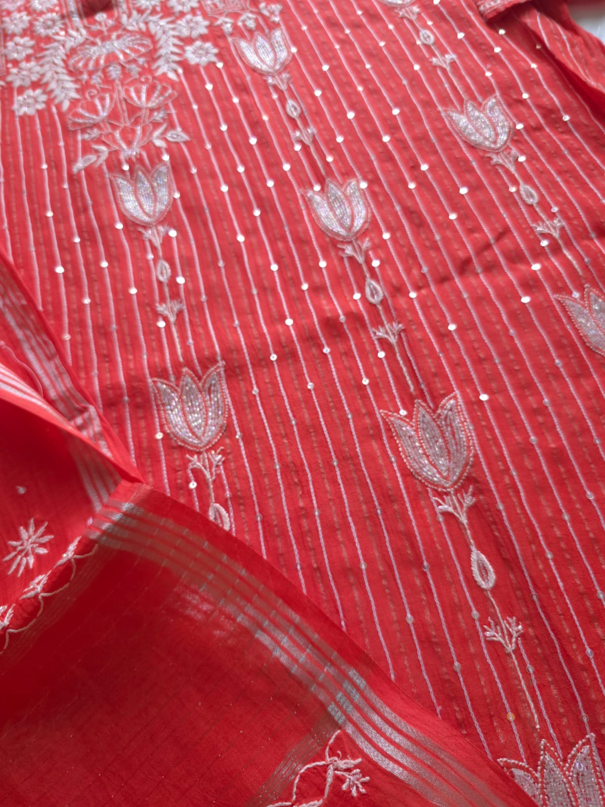 Mul Chanderi Semi Stitched Zari Stripes set with Chikan work embellishments