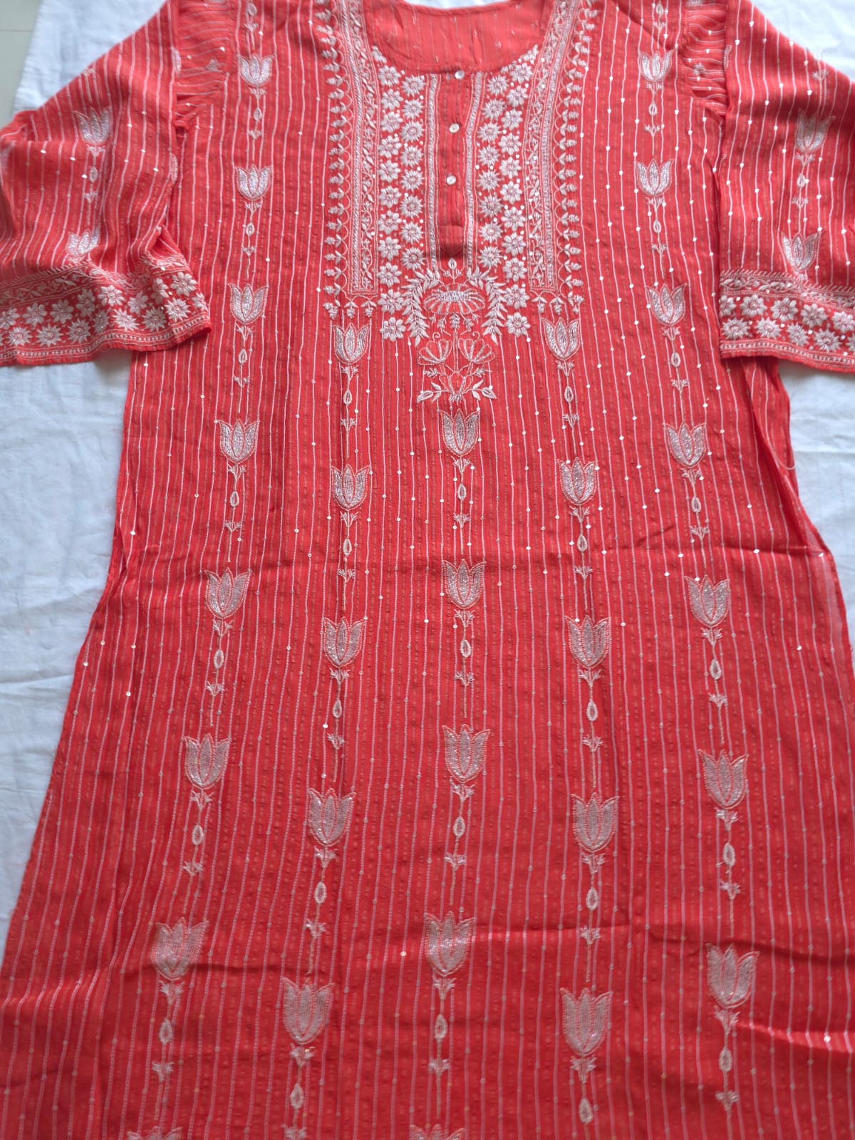 Mul Chanderi Semi Stitched Zari Stripes set with Chikan work embellishments