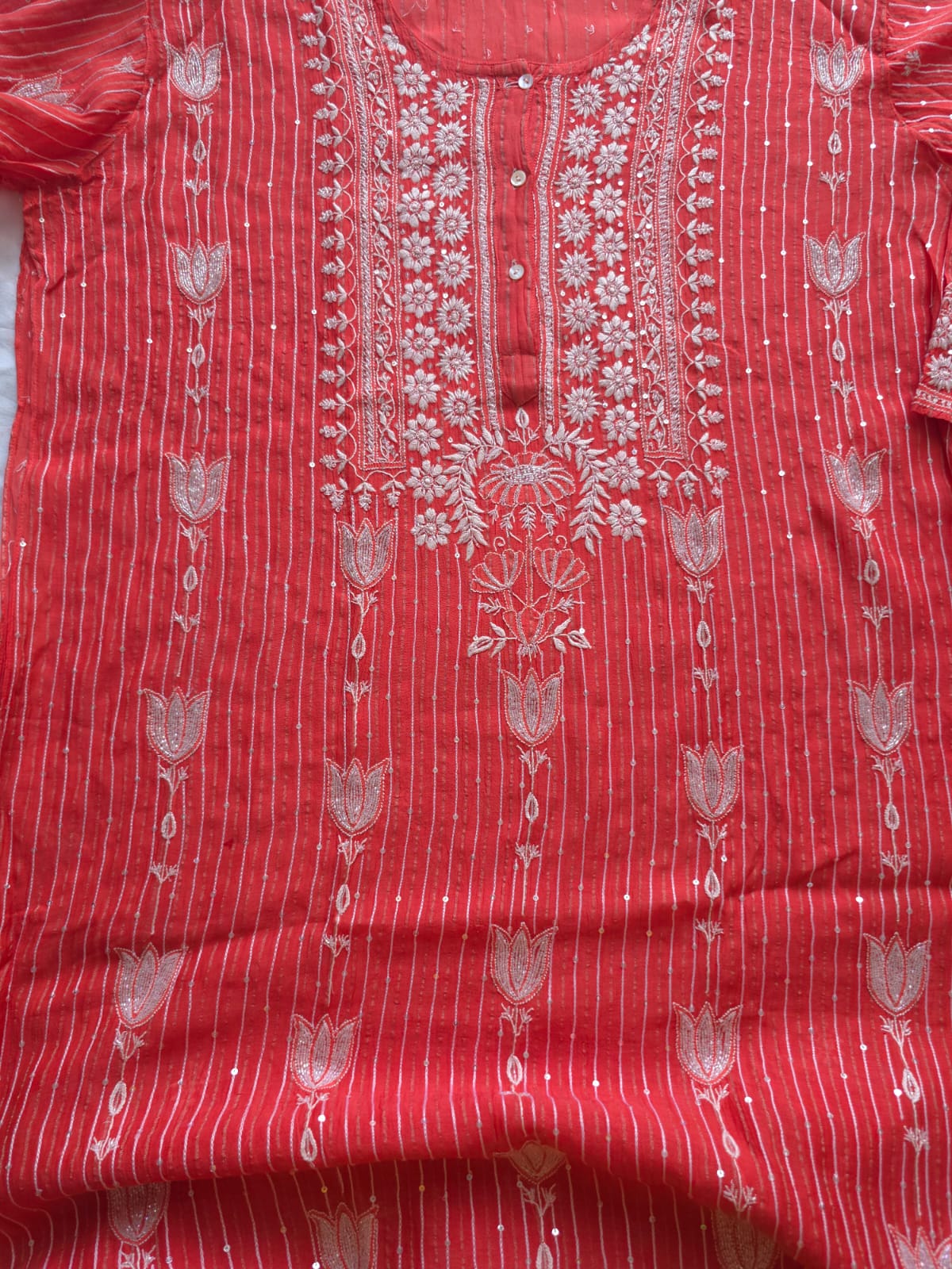 Mul Chanderi Semi Stitched Zari Stripes set with Chikan work embellishments