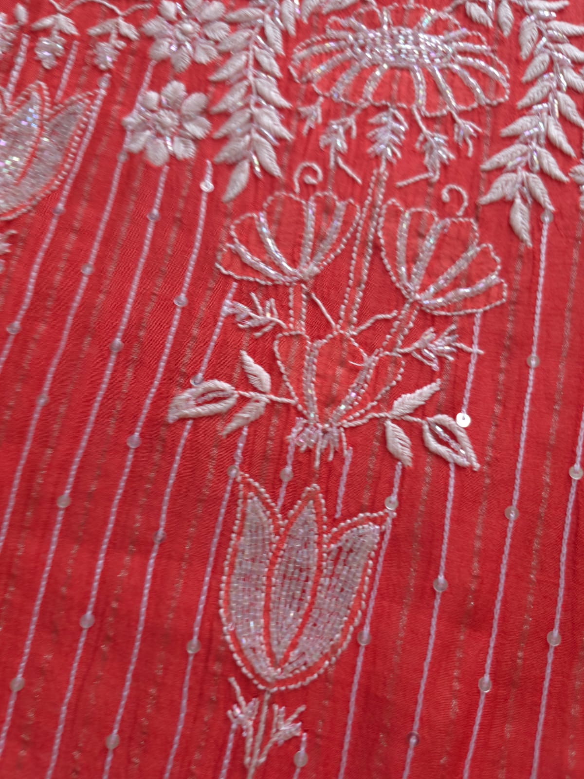Mul Chanderi Semi Stitched Zari Stripes set with Chikan work embellishments