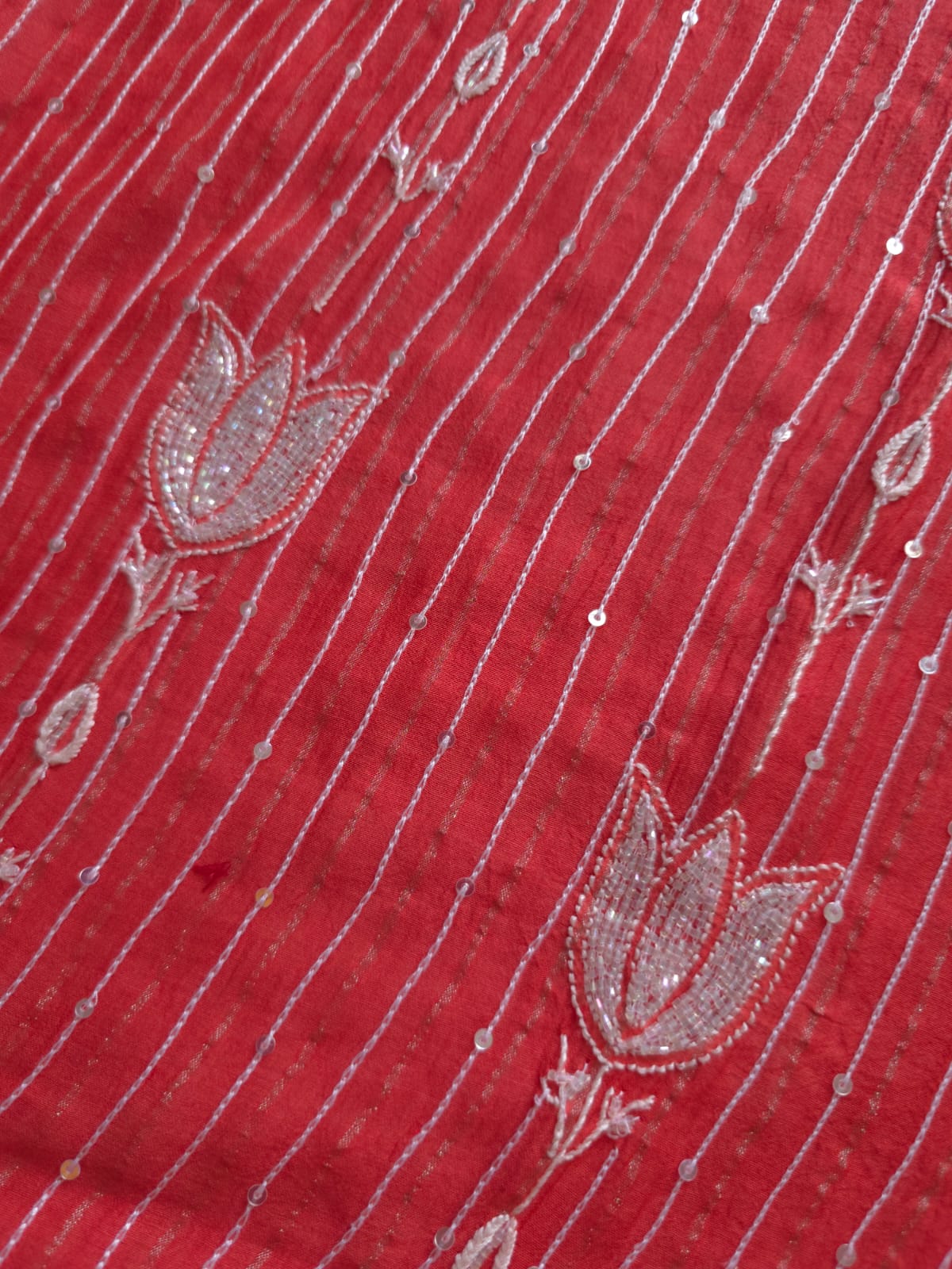 Mul Chanderi Semi Stitched Zari Stripes set with Chikan work embellishments