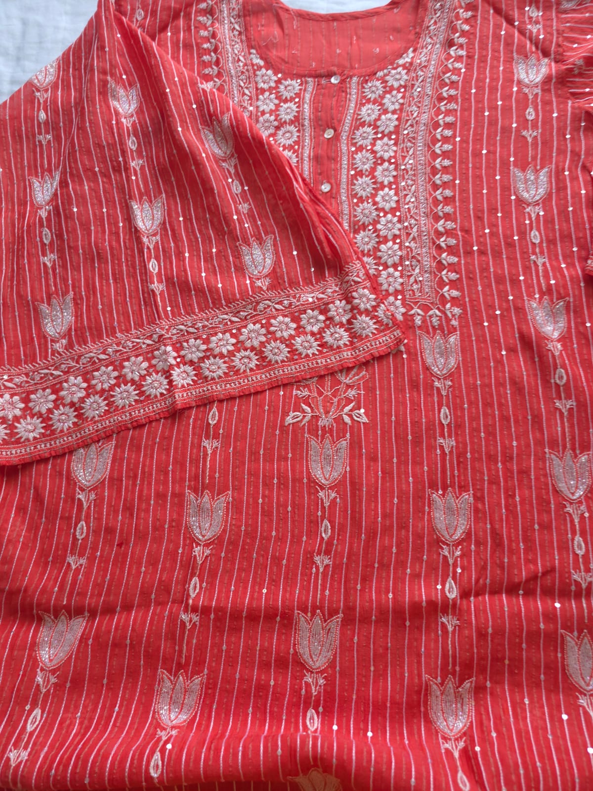 Mul Chanderi Semi Stitched Zari Stripes set with Chikan work embellishments
